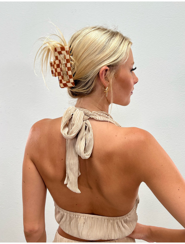 Checkered Brown+Ivory Claw Clip