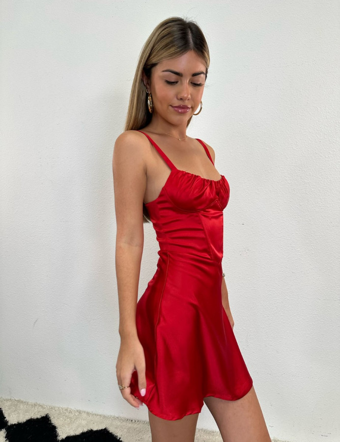 Red silk slip hot sale dress short