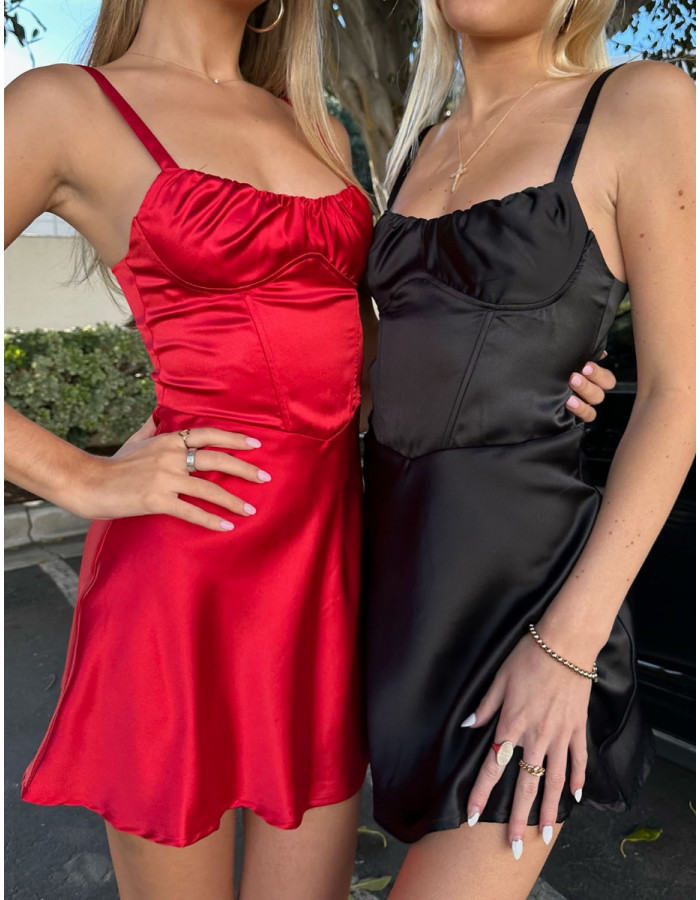 Red silky mini dress best sale