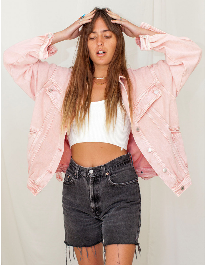 Pink denim jacket and skirt best sale